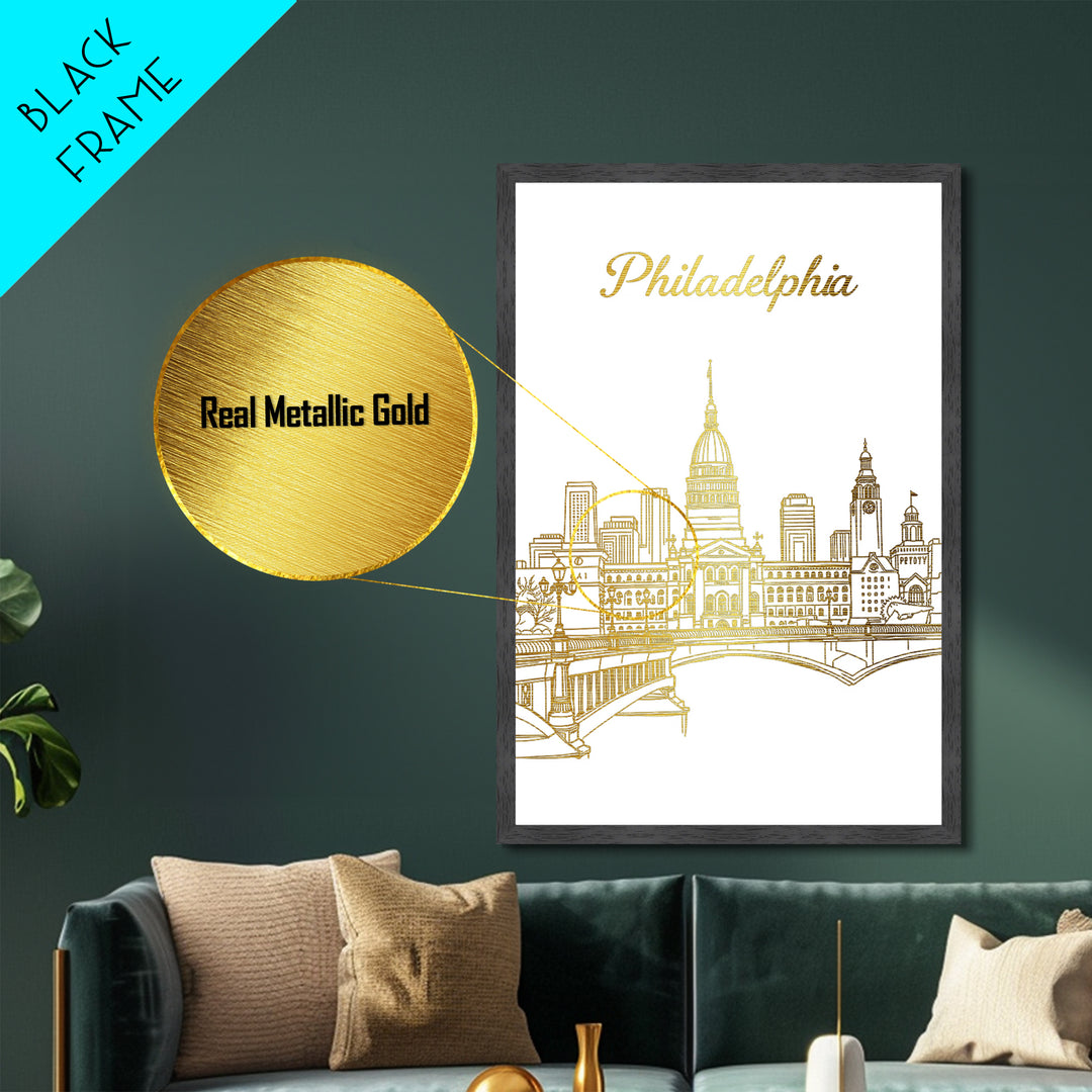 Philadelphia Pennsylvania Art, Metallic Gold Print, Wood Framed Art, Metal Art, Modern House Art, Wanderlust Gift, Entryway Wall Print
