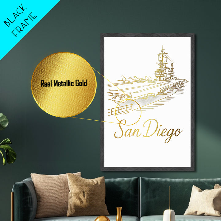San Diego California Travel, Metallic Gold Print, Wood Framed Art, Metal Art, Minimalist Wall Art, Destination Gift, Bedroom Decor