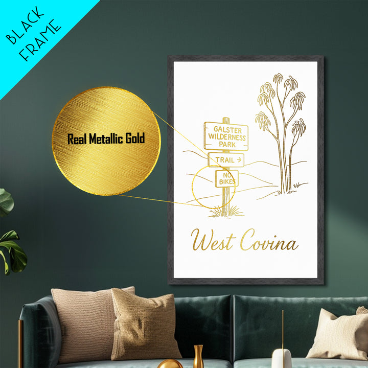 West Covina California Travel, Metallic Gold Print, Wood Framed Art, Metal Art, Minimalist Wall Art, Destination Gift, Home Decor