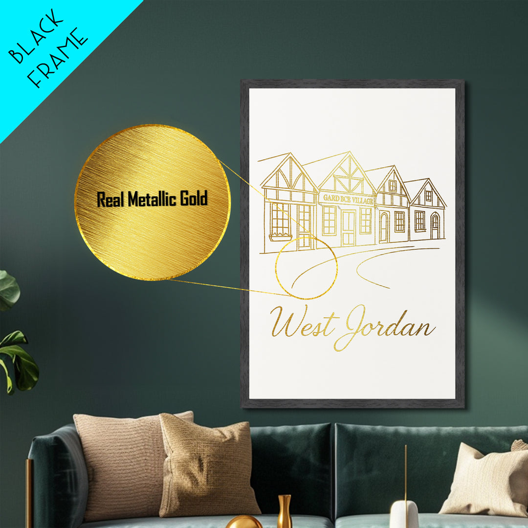 West Jordan Utah Travel, Metallic Gold Print, Wood Framed Art, Metal Art, Modern Wall Art, Anniversary Travel Gift, Bedroom Decor