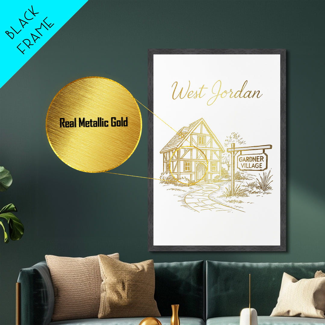 West Jordan Utah Art, Metallic Gold Art, Wood Framed Art, Metal Art, Modern House Art, Birthday Travel Gift, Living Room Decor