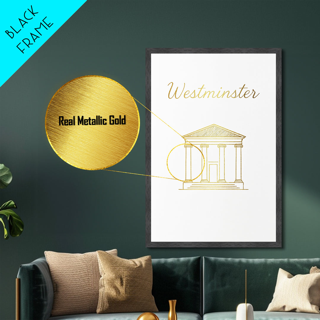 Westminster California Travel, Metallic Gold Print, Wood Framed Art, Metal Art, Modern Wall Art, Graduation Travel Gift, Living Room Decor