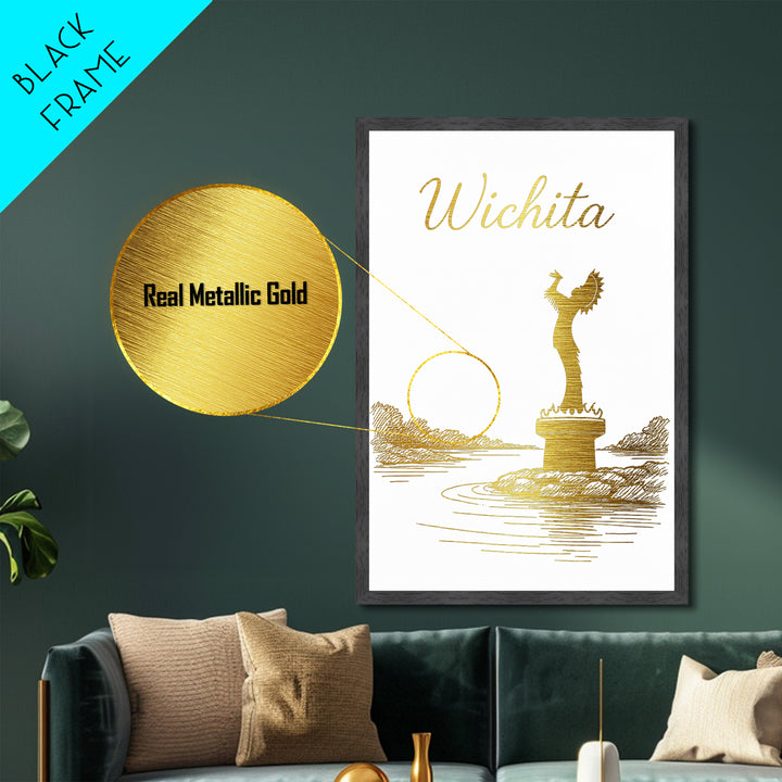 Wichita Kansas Travel, Metallic Gold Print, Wood Framed Art, Metal Art, Minimalist Wall Art, Destination Gift, Home Decor
