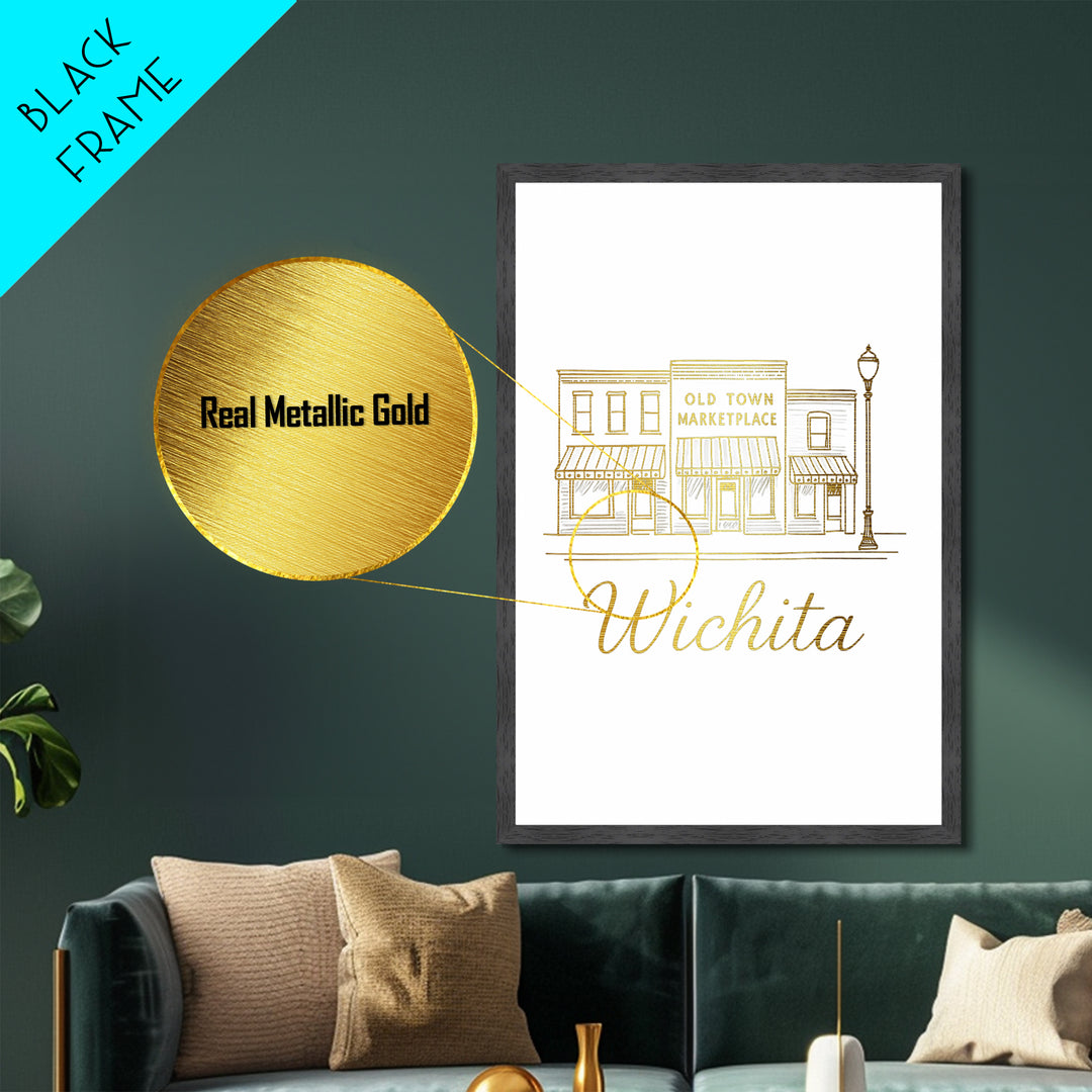 Wichita Kansas Art, Metallic Gold Art, Wood Framed Art, Metal Art, Modern House Art, Wanderlust Gift, Bedroom Decor