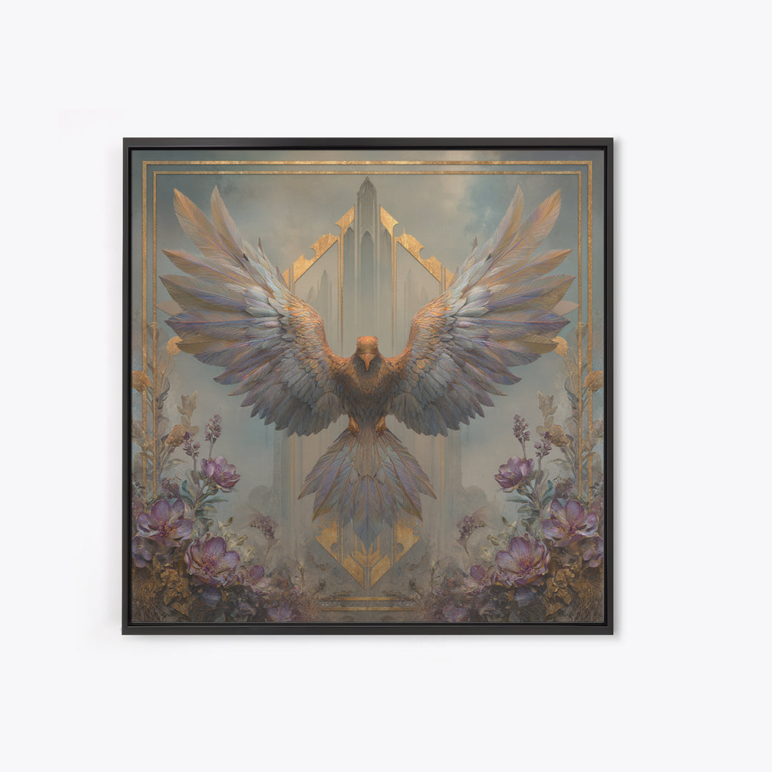 Icarus Falling Through Golden Sky and Feathers Framed Canvas Print, Mythological Art, Living Room Decor, Fine Art, Legend, MYT-1x1-52