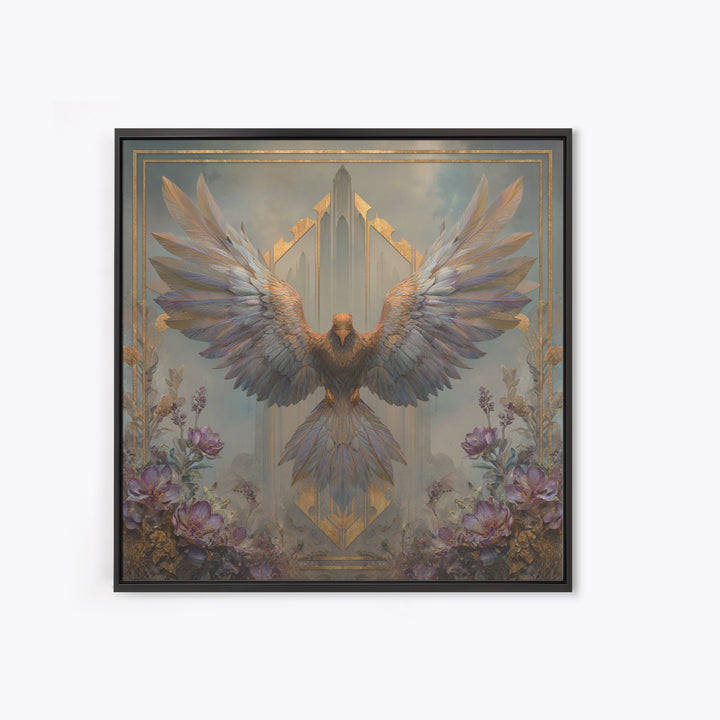 Icarus Falling Through Golden Sky and Feathers Framed Canvas Print, Mythological Art, Living Room Decor, Fine Art, Legend, MYT-1x1-52