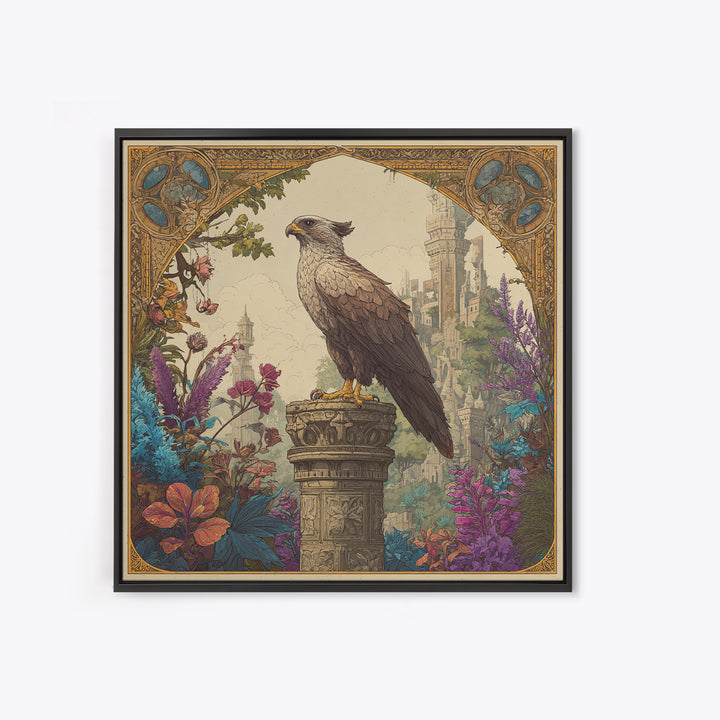 Griffin Perched on Ancient Stone Column Canvas Print, Mythological Art, Neutral Decor, Living Room Decor, Fine Art, Legend, MYT-1x1-86