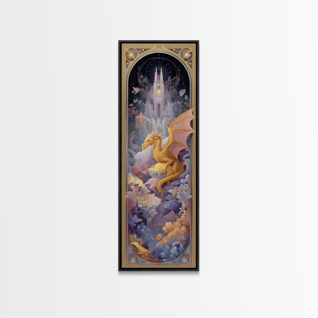 Dragon Guarding a Hoard of Ancient Gold Framed Canvas Print, Mythological Art, Framed Wall Art, Living Room Decor, Legend, MYT-1x3-80