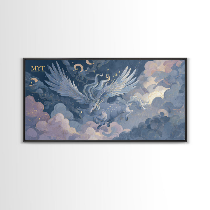 Pegasus Flying Above Cloud Kingdom Canvas Print, Mythological Art, Contemporary Art, Living Room Decor, Fine Art, Legend, MYT-2x1-17