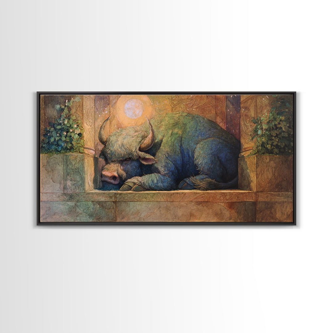 Minotaur in Labyrinth of Warm Stone Framed Canvas Print, Mythological Art, Minimalist Decor, Living Room Decor, Legend, MYT-2x1-37
