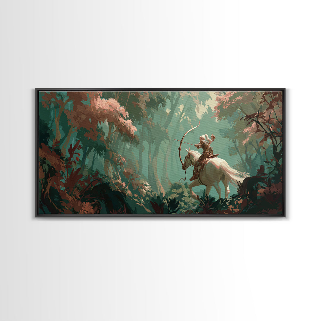 Centaur Archer in Misty Forest Framed Canvas Print, Mythological Art, Prints, Living Room Decor, Legend, Dark Academia Decor, MYT-2x1-60