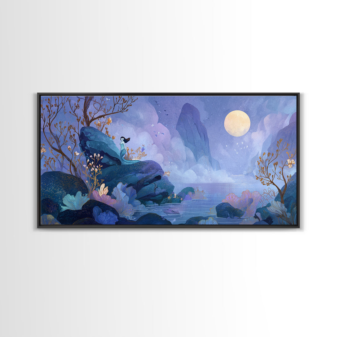 Mermaid Siren on Rocks Framed Canvas Print, Mythological Art, Contemporary Art, Living Room Decor, Legend, Digital Wall Art, MYT-2x1-83