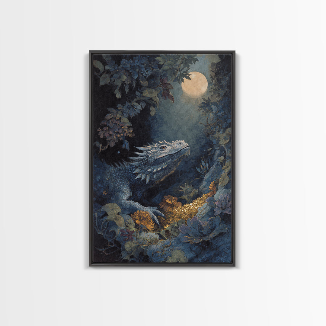 Dragon Guarding a Hoard of Ancient Gold Framed Canvas Print, Mythological Art, Luxury Decor, Living Room Decor, Legend, MYT-2x3-100