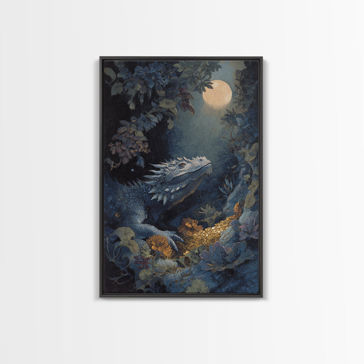 Dragon Guarding a Hoard of Ancient Gold Framed Canvas Print, Mythological Art, Luxury Decor, Living Room Decor, Legend, MYT-2x3-100