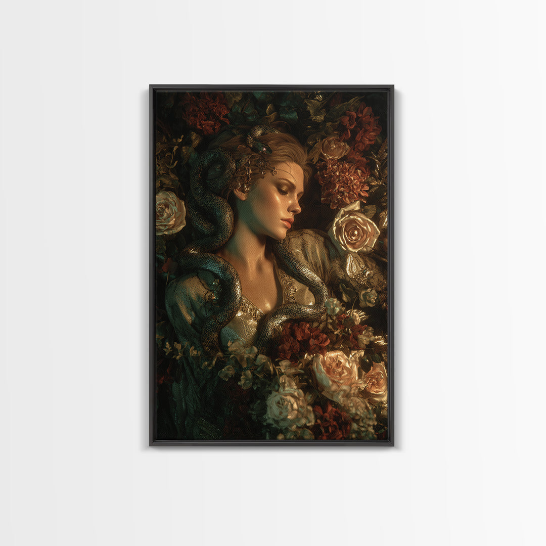 Medusa Portrait with Serpents and Tragic Beauty Framed Canvas Print, Mythological Art, Art Print, Living Room Decor, Legend, MYT-2x3-33