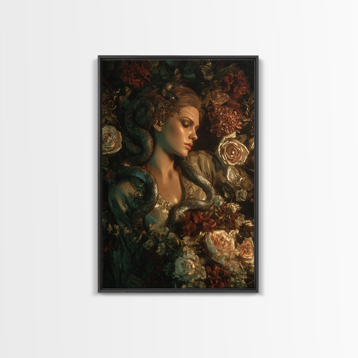 Medusa Portrait with Serpents and Tragic Beauty Framed Canvas Print, Mythological Art, Art Print, Living Room Decor, Legend, MYT-2x3-33