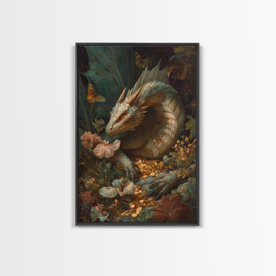 Dragon Guarding a Hoard of Ancient Gold Framed Canvas Print, Mythological Art, Fine Art Print, Living Room Decor, Legend, MYT-2x3-4