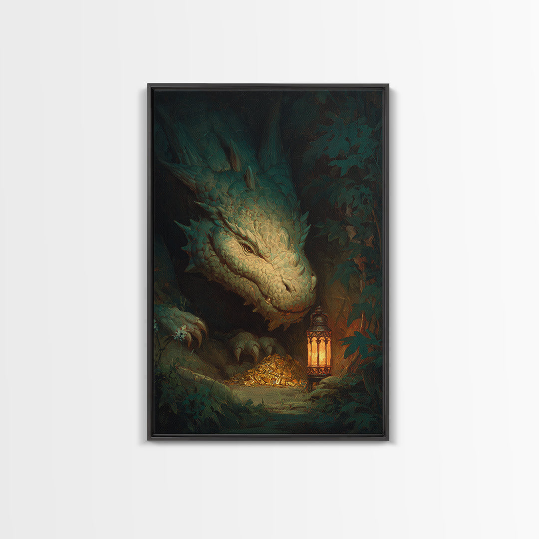 Dragon Guarding a Hoard of Ancient Gold Framed Canvas Print, Mythological Art, Gothic Home Decor, Living Room Decor, Legend, MYT-2x3-76