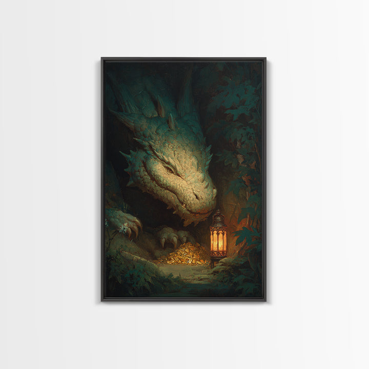 Dragon Guarding a Hoard of Ancient Gold Framed Canvas Print, Mythological Art, Gothic Home Decor, Living Room Decor, Legend, MYT-2x3-76