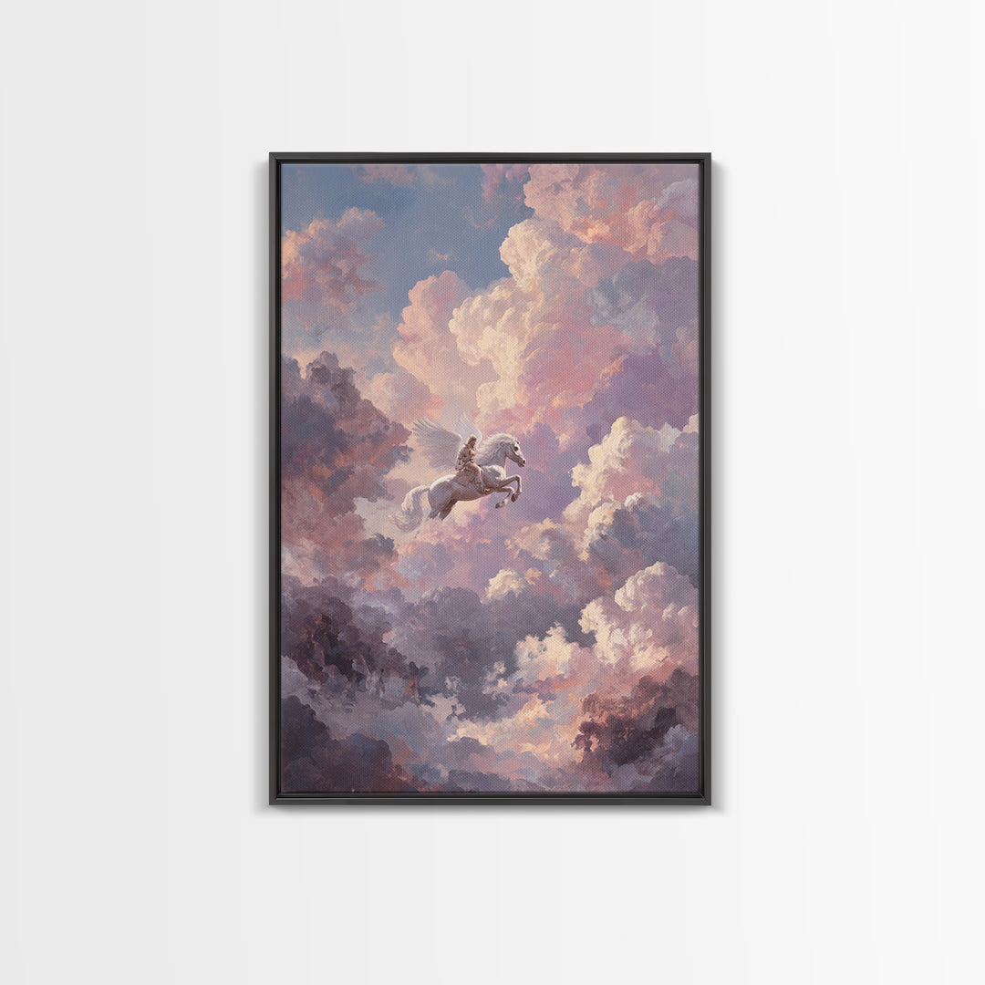 Pegasus Flying Above Cloud Kingdom Canvas Print, Mythological Art, Artwork, Living Room Decor, Legend, Gallery Wall Art, MYT-2x3-77