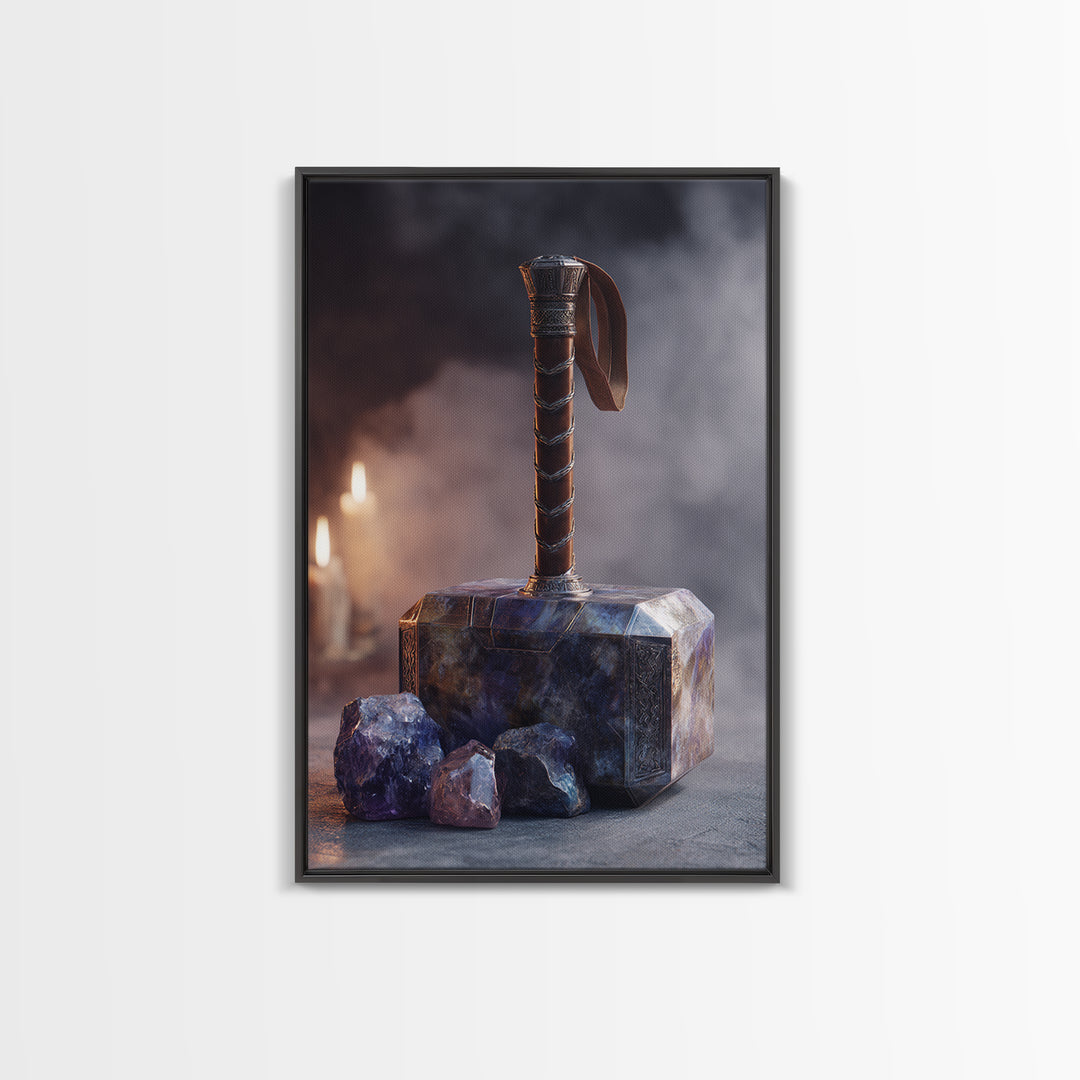 Thor Hammer and Lightning Still Life Framed Canvas Print, Mythological Art, Print, Living Room Decor, Fine Art, Legend, MYT-2x3-90