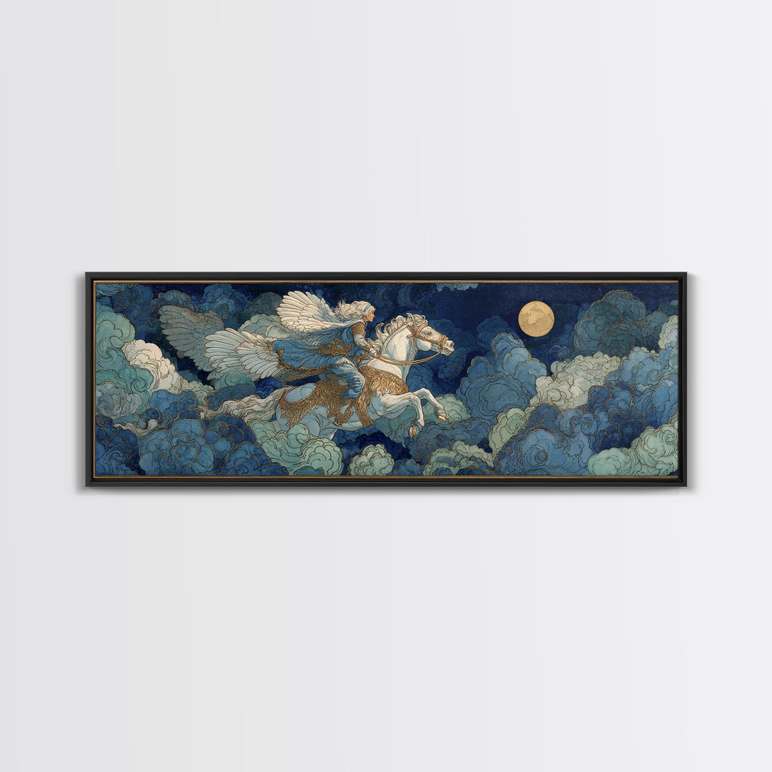 Norse Valkyrie Riding Through Storm Clouds Canvas Print, Mythological Art, Dark Academia Decor, Living Room Decor, Abstract Art, MYT-3x1-25