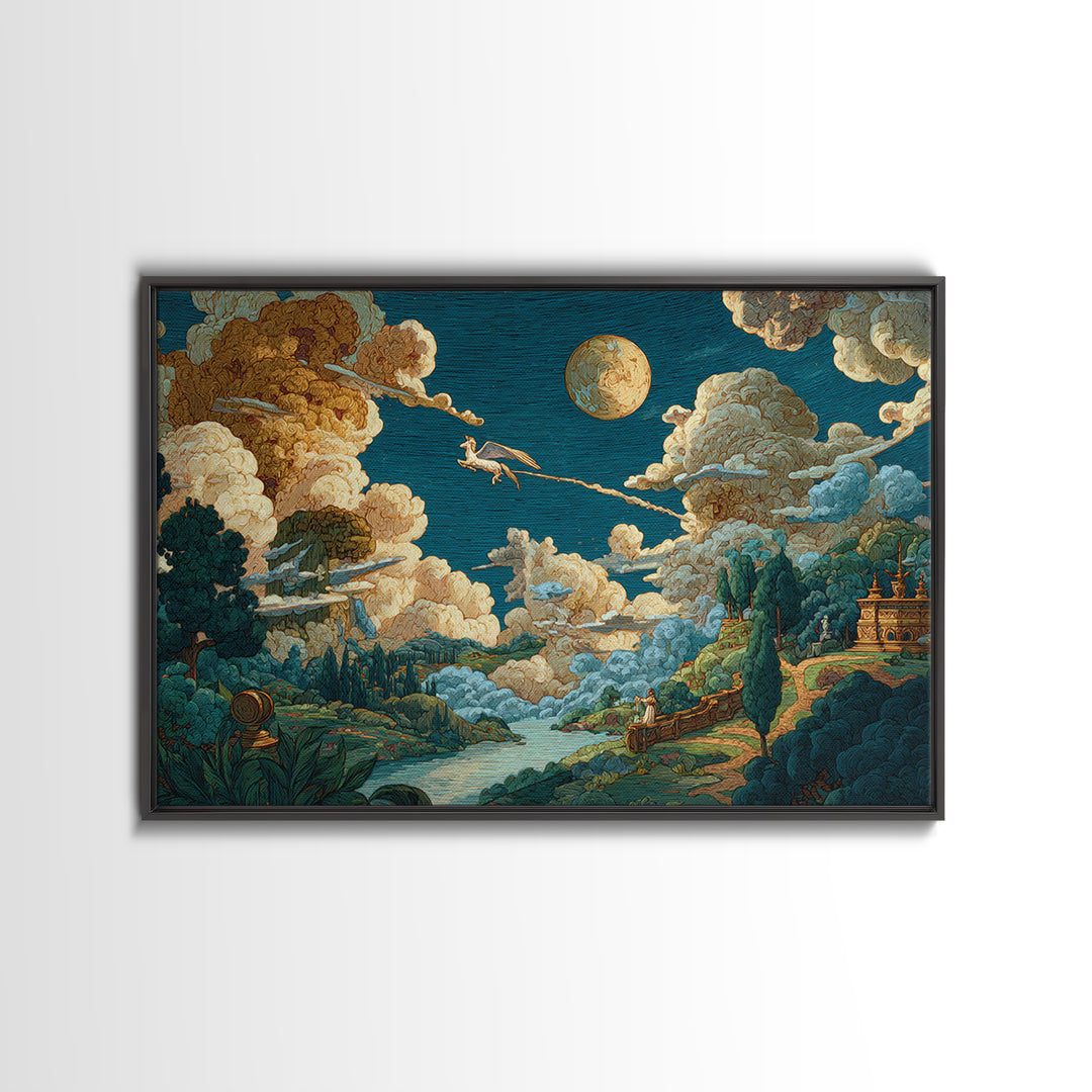 Pegasus Flying Above Cloud Kingdom Framed Canvas Print, Mythological Art, Living Room Decor, Abstract Art, Legend, Home Decor, MYT-3x2-25