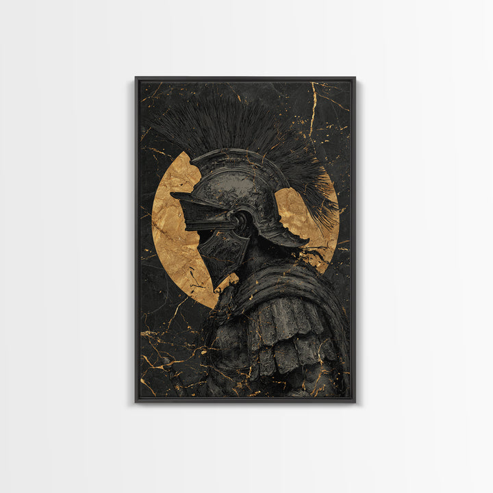 Roman Warrior Gold Canvas Print, Ancient Soldier Wall Art On Canvas, Real Wood Frame Decor, Historical Mythology Artwork
