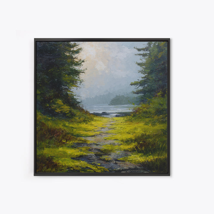 Sunlit Forest Path Framed Canvas Print, Nature Art, Bird Wall Art, Living Room Decor, Fine Art, Nature, Textured Painting, NAT-1x1-1