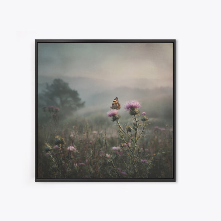 Butterfly Resting on a Blooming Thistle Framed Canvas Print, Nature Art, Mountain Art, Living Room Decor, Watercolor Art, NAT-1x1-100