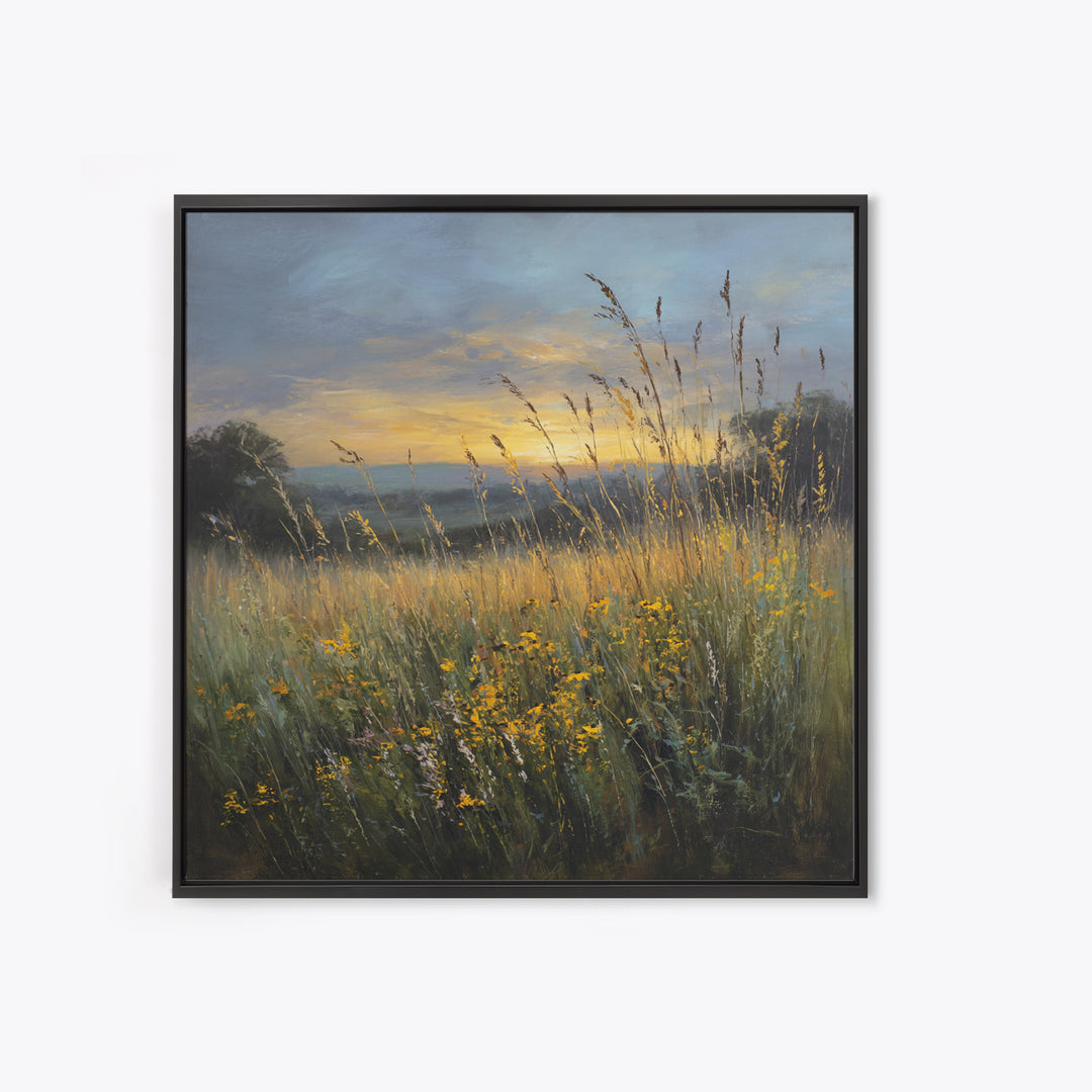 Sunrise Through Tall Grass and Wildflowers Framed Canvas Print, Nature Art, Framed Art, Living Room Decor, Watercolor Art, NAT-1x1-11