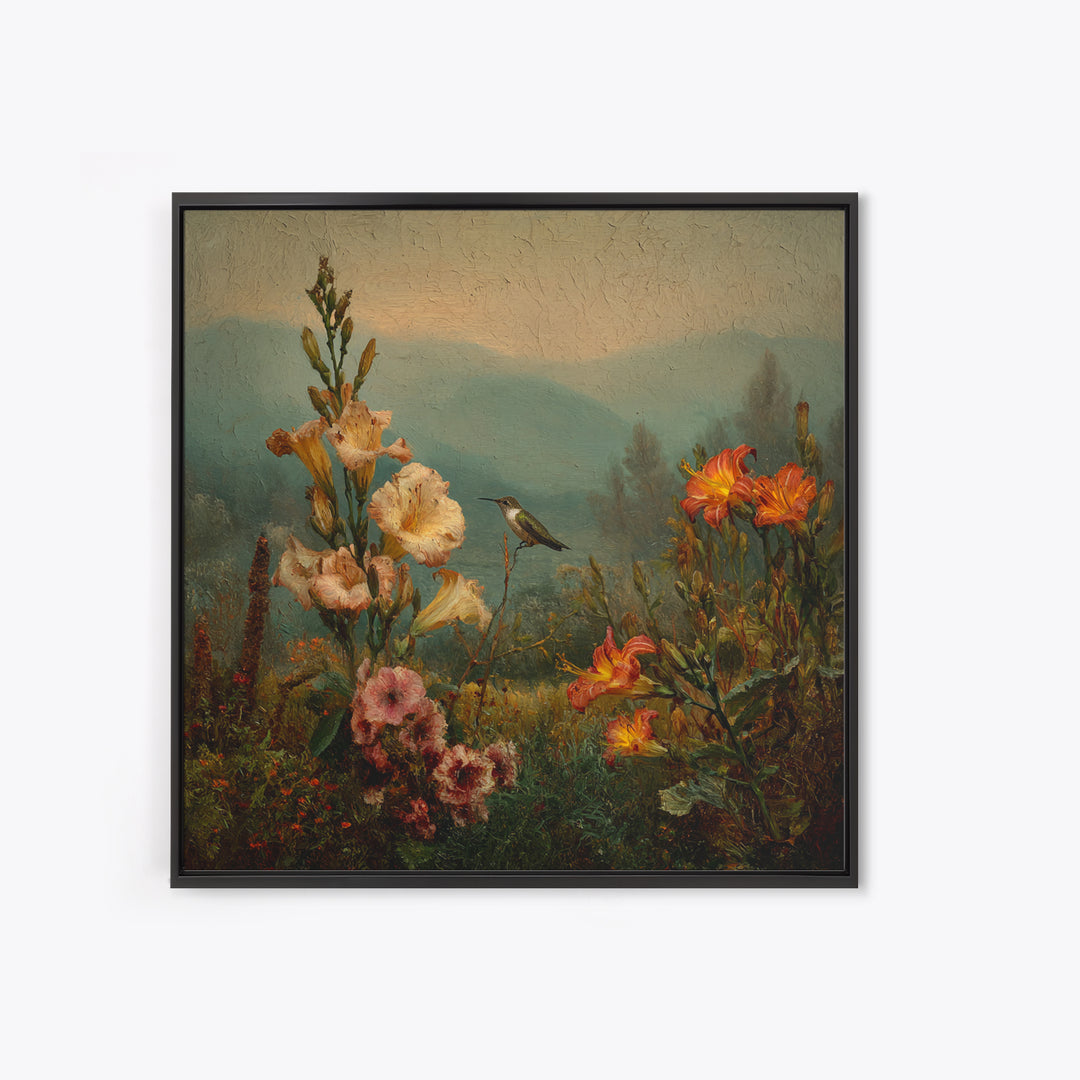 Hummingbird Beside Bright Trumpet Flowers Framed Canvas Print, Nature Art, Art, Living Room Decor, Oil Painting, Nature, NAT-1x1-12