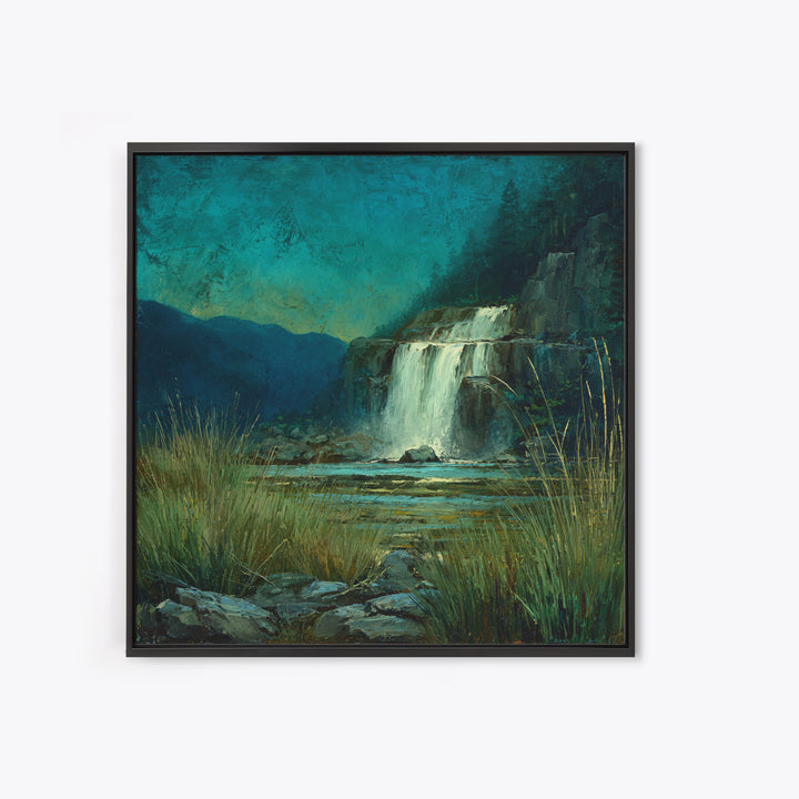 Waterfall Hidden Among Dark Green Rocks Framed Canvas Print, Nature Art, 3d Wall Art, Living Room Decor, Fine Art, Nature, NAT-1x1-27