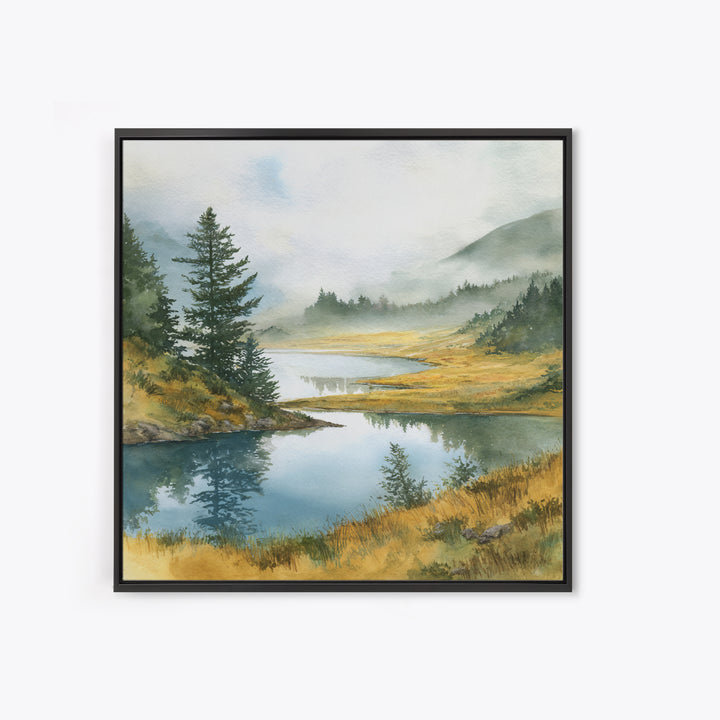Misty Mountain Lake Framed Canvas Print, Nature Art, Fine Art Print, Living Room Decor, Watercolor Art, Nature, Poster, NAT-1x1-29