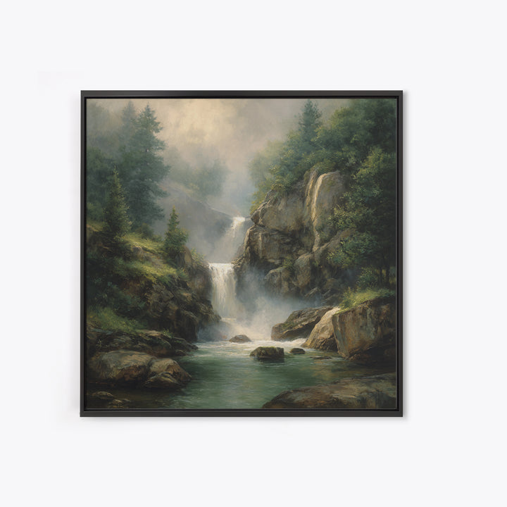 Waterfall Hidden Among Dark Green Rocks Canvas Print, Nature Art, Floral, Living Room Decor, Abstract Art, Nature, Moss Art, NAT-1x1-3