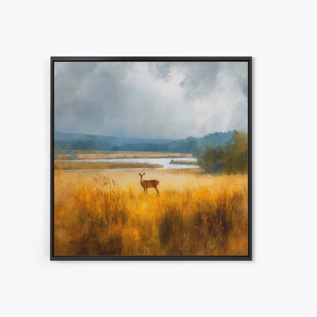 Deer Standing in a Golden Field Framed Canvas Print, Nature Art, Gallery Decor, Living Room Decor, Fine Art, Nature, NAT-1x1-32