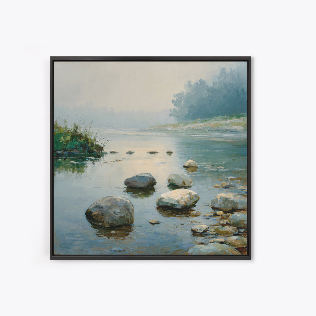 River Stones under Clear Shallow Water Framed Canvas Print, Nature Art, Mountain Art, Living Room Decor, Oil Painting, Nature, NAT-1x1-37