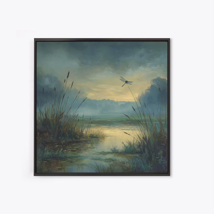 Dragonfly over a Pond with Reeds Framed Canvas Print, Nature Art, Moss Art, Living Room Decor, Abstract Art, Nature, NAT-1x1-42