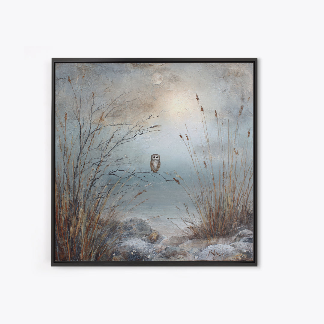 Owl in Moonlit Branches Framed Canvas Print, Nature Art, Living Room Wall Art, Living Room Decor, Nature, Neutral Decor, NAT-1x1-43