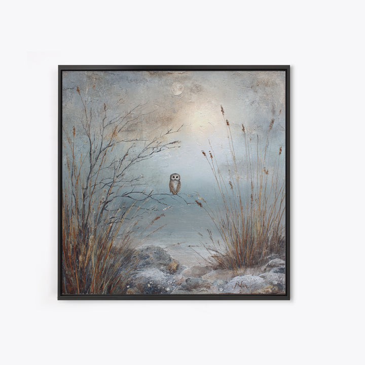 Owl in Moonlit Branches Framed Canvas Print, Nature Art, Living Room Wall Art, Living Room Decor, Nature, Neutral Decor, NAT-1x1-43