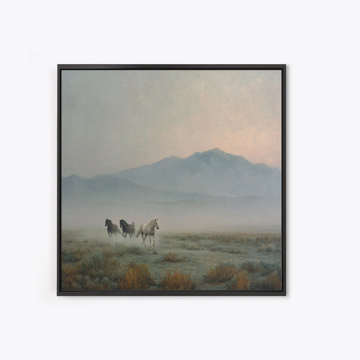 Wild Horses Running Near Mountain Ridge Framed Canvas Print, Nature Art, Landscape Art, Living Room Decor, Oil Painting, Nature, NAT-1x1-46
