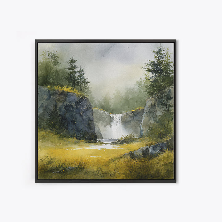 Waterfall Hidden Among Dark Green Rocks Framed Canvas Print, Nature Art, Bird Wall Art, Living Room Decor, Oil Painting, Nature, NAT-1x1-51
