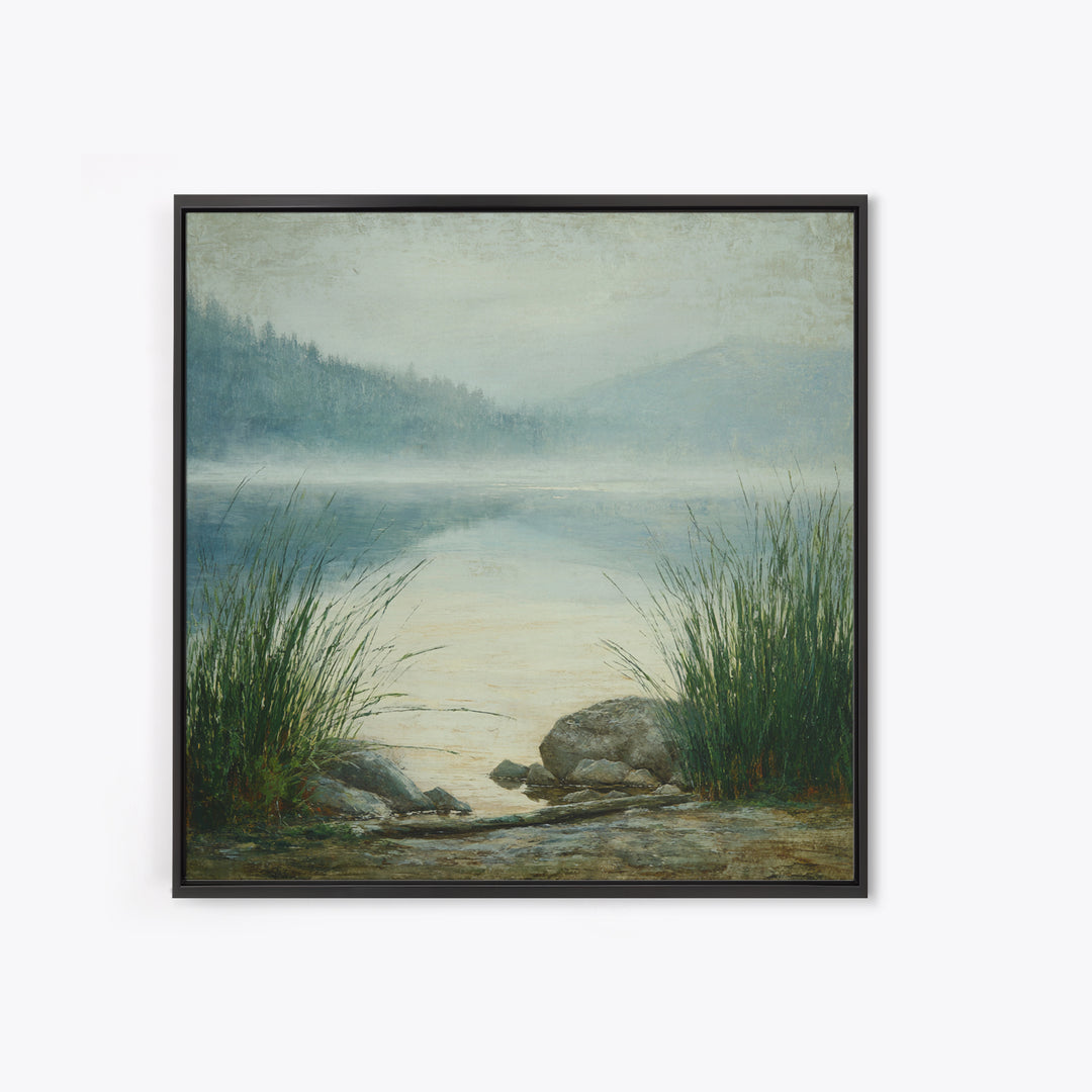 Misty Mountain Lake Framed Canvas Print, Nature Art, Fine Art Print, Living Room Decor, Watercolor Art, Nature, Poster, NAT-1x1-53