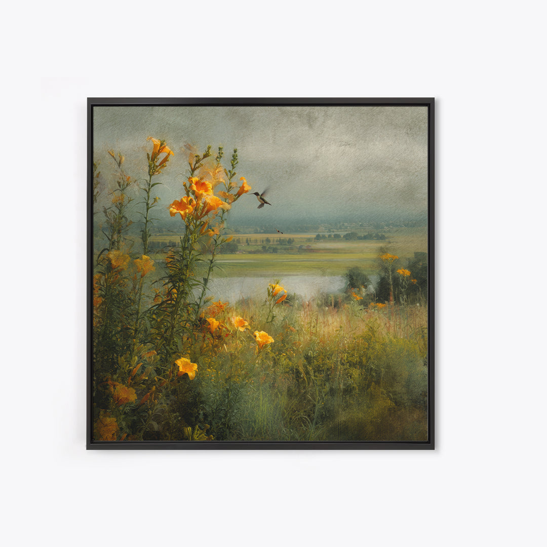 Hummingbird Beside Bright Trumpet Flowers Canvas Print, Nature Art, Stained Glass Art, Living Room Decor, Fine Art, Nature, NAT-1x1-60