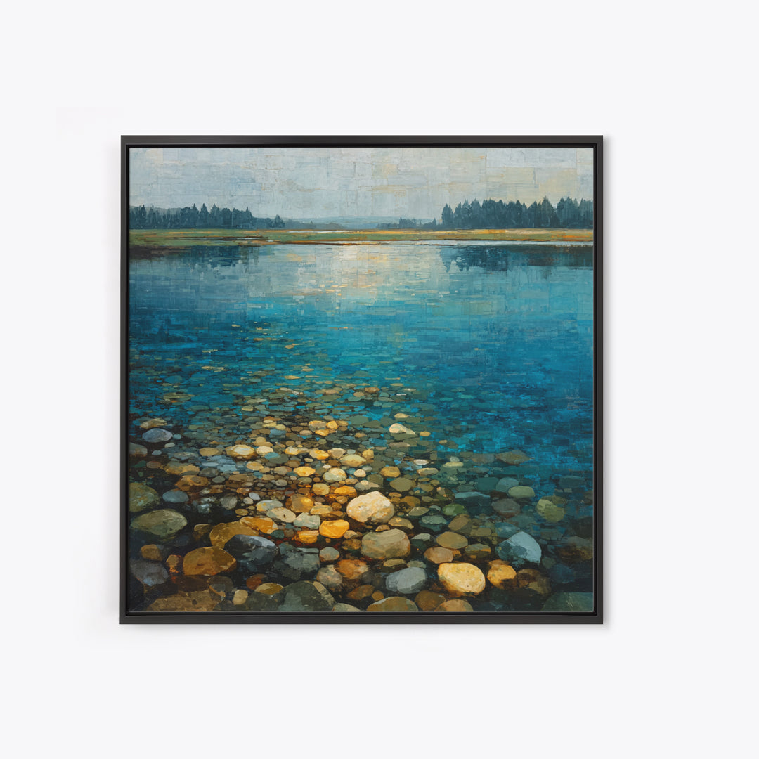 River Stones under Clear Shallow Water Framed Canvas Print, Nature Art, Mountain Art, Living Room Decor, Oil Painting, Nature, NAT-1x1-61