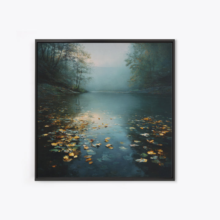 Autumn Leaves Floating on Quiet Stream Framed Canvas Print, Nature Art, Gallery Decor, Living Room Decor, Fine Art, Nature, NAT-1x1-78