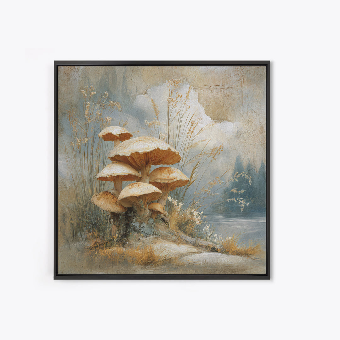 Mushroom Cluster in Enchanted Woodland Framed Canvas Print, Nature Art, Fine Art Print, Living Room Decor, Oil Painting, Nature, NAT-1x1-79
