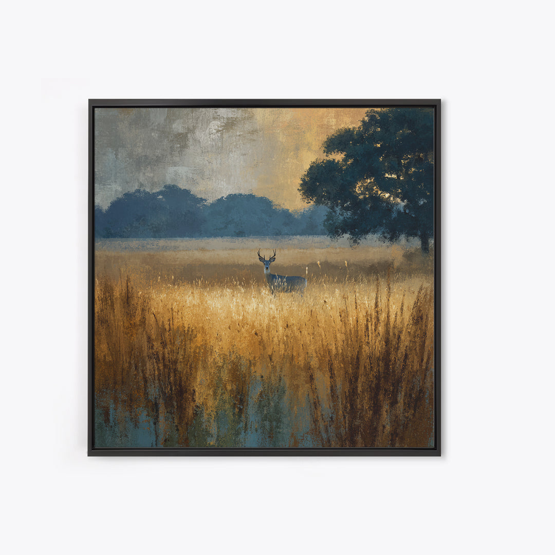 Deer Standing in a Golden Field Framed Canvas Print, Nature Art, Wall Hangings, Living Room Decor, Nature, Stained Glass Art, NAT-1x1-8