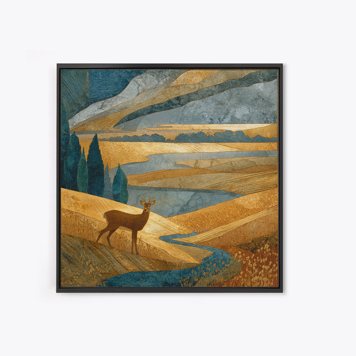 Deer Standing in a Golden Field Framed Canvas Print, Nature Art, Modern Decor, Living Room Decor, Fine Art, Nature, Home Decor, NAT-1x1-80