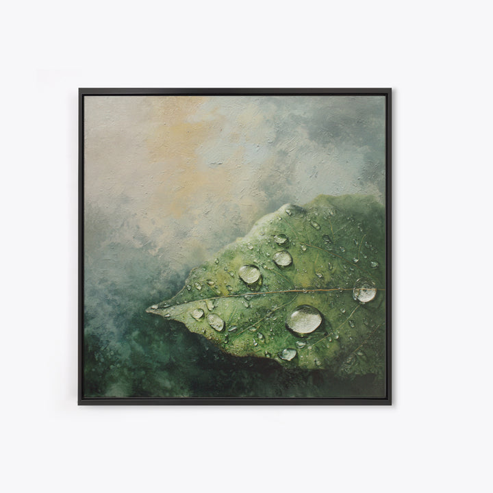Rain Drops on a Large Green Leaf Canvas Print, Nature Art, Textured Painting, Living Room Decor, Oil Painting, Nature, NAT-1x1-81